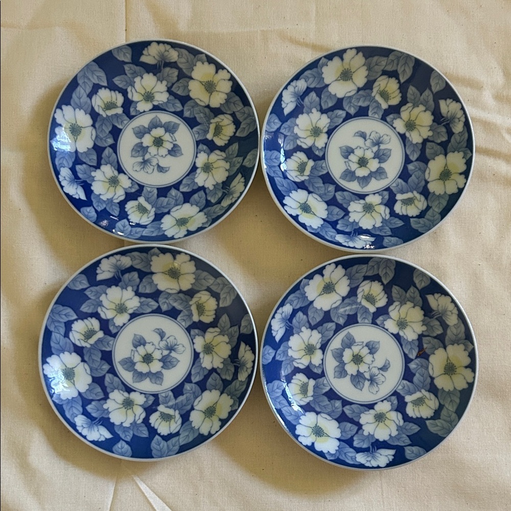 Antique Blue Floral Porcelain Small Plates Set of 4